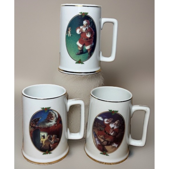 Coca-Cola Other - Vintage Set of 3 Coca-Cola 1996 Collector Edition Ceramic Mugs - Gold Trim/Santa